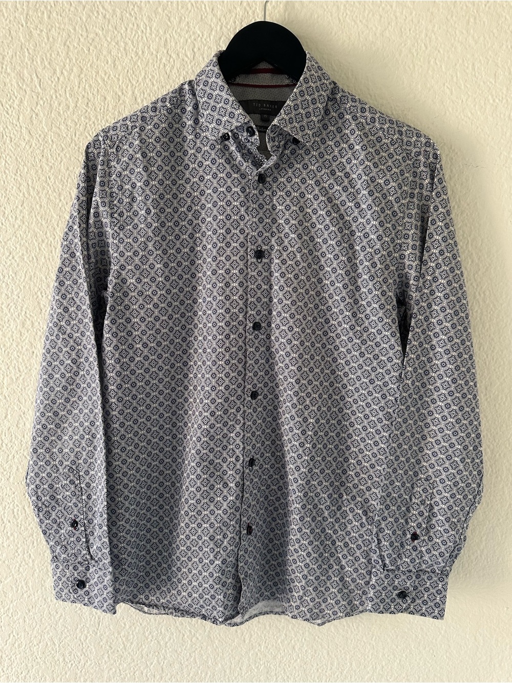 Ted Baker London Men’s White and Navy Micro Geometric Button Down Shirt